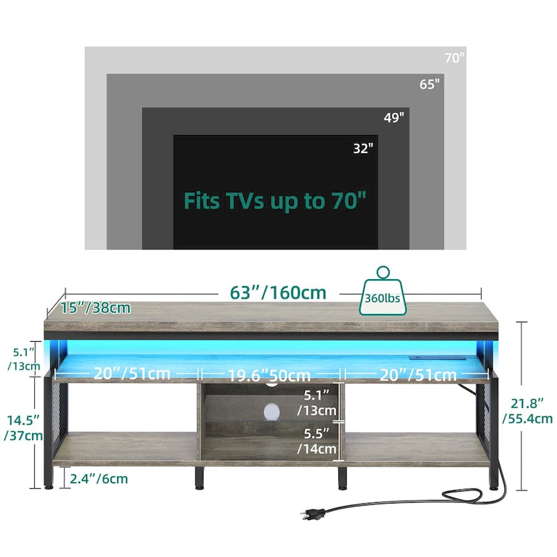 Meuble TV industriel en bois avec lumière LED, étagères de rangement ouvertes, prises de courant et télécommande Bluetooth