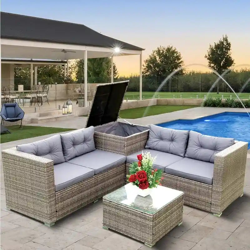 4 Piece Patio Sectional Wicker Outdoor Sofa Set with Storage Box