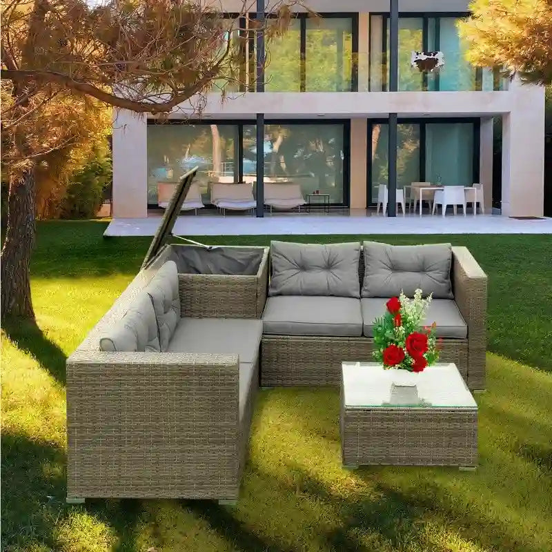 Ensemble de canapé d'extérieur en osier de 4 pièces pour patio avec boîte de rangement