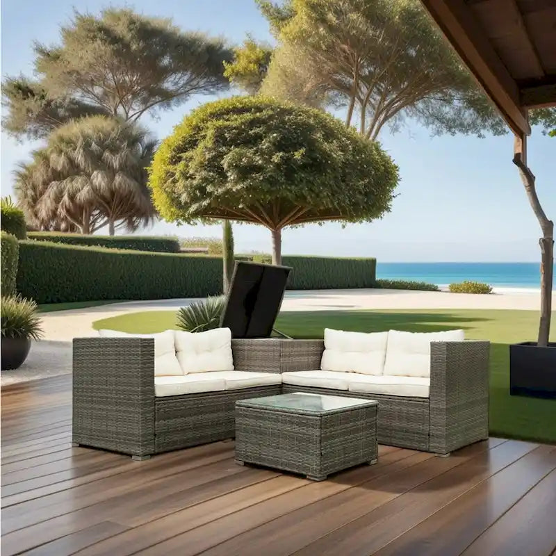 Ensemble de canapé d'extérieur en osier de 4 pièces pour patio avec boîte de rangement