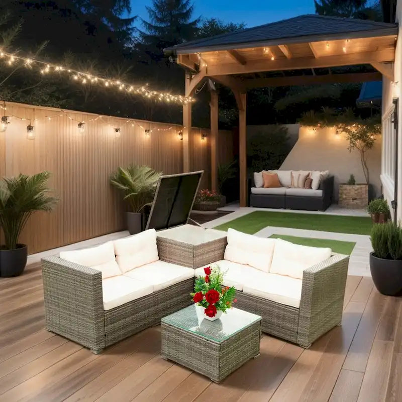 Ensemble de canapé d'extérieur en osier de 4 pièces pour patio avec boîte de rangement