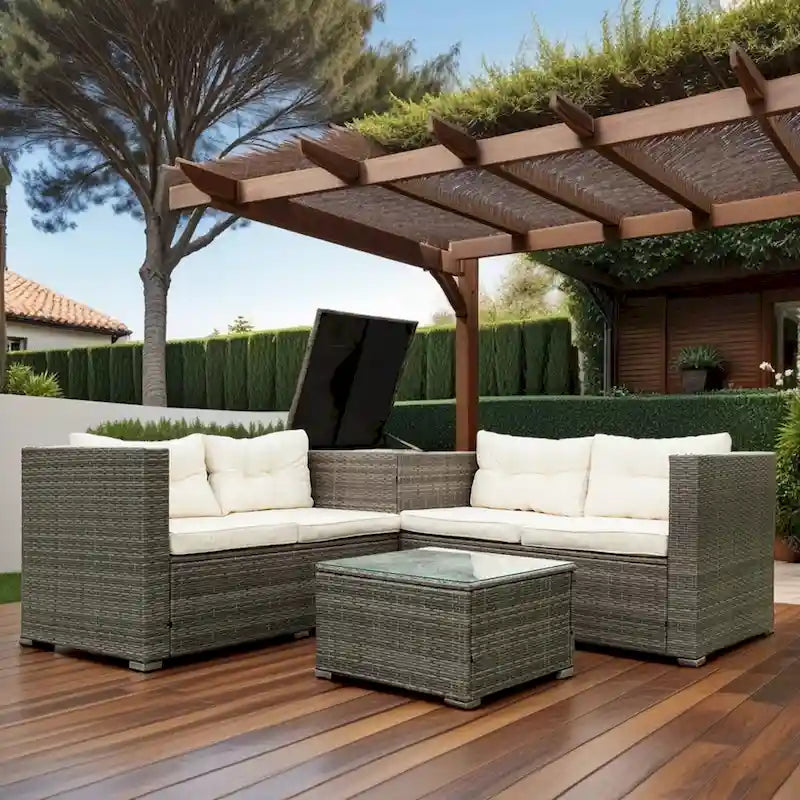 Ensemble de canapé d'extérieur en osier de 4 pièces pour patio avec boîte de rangement