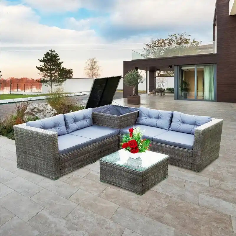 Ensemble de canapé d'extérieur en osier de 4 pièces pour patio avec boîte de rangement
