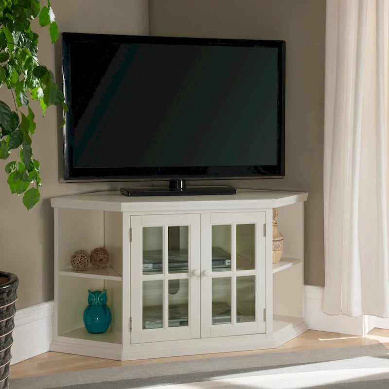 Meuble TV d'angle Leick Home en chêne massif avec deux portes, style mission