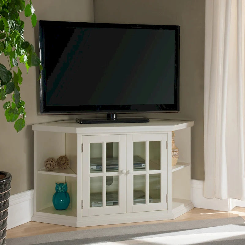 Meuble TV d'angle Leick Home en chêne massif avec deux portes, style mission