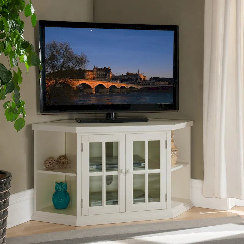 Meuble TV d'angle Leick Home en chêne massif avec deux portes, style mission