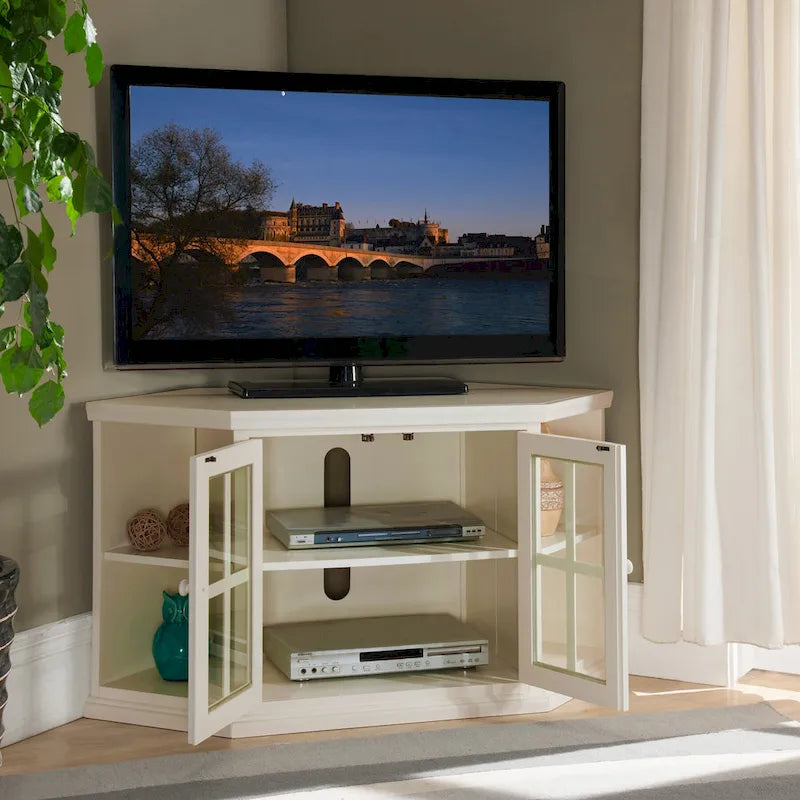 Meuble TV d'angle Leick Home en chêne massif avec deux portes, style mission