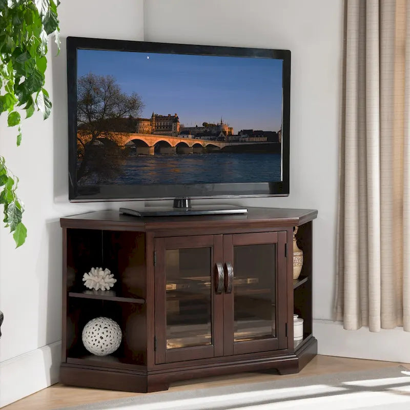 Meuble TV d'angle Leick Home en chêne massif avec deux portes, style mission