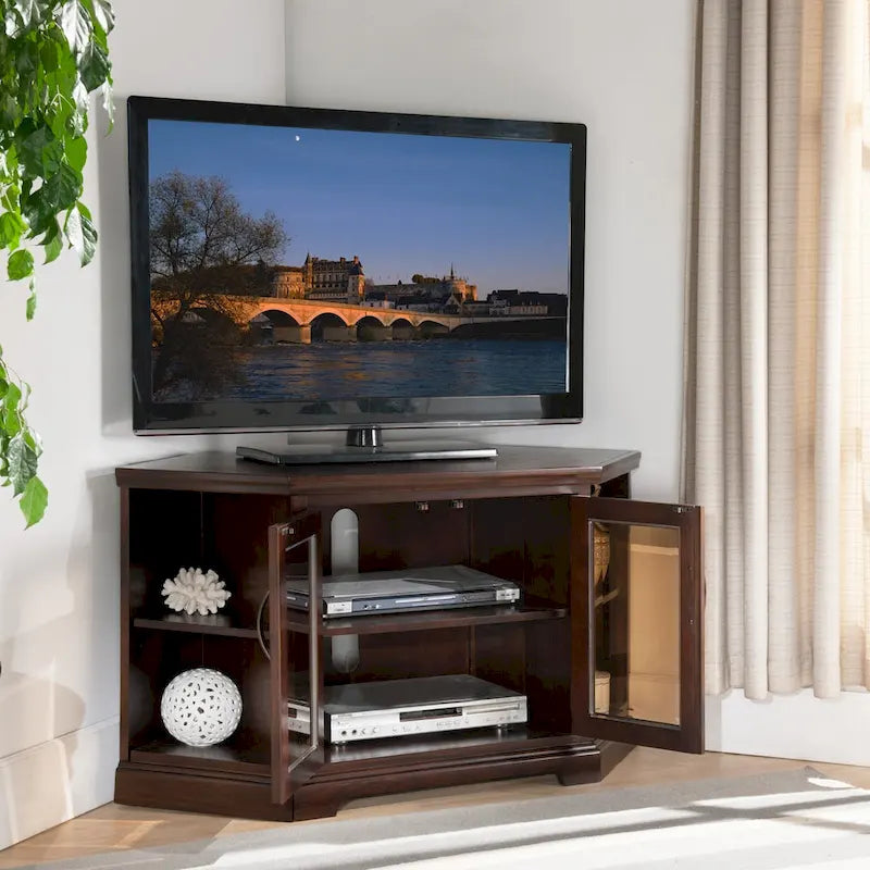 Meuble TV d'angle Leick Home en chêne massif avec deux portes, style mission