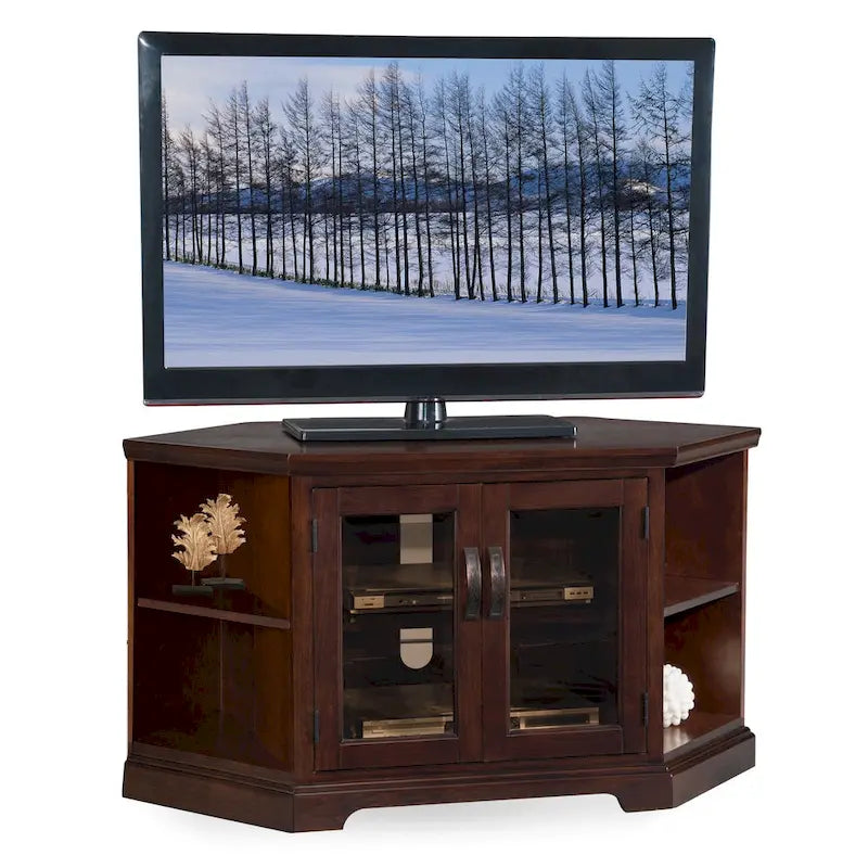 Meuble TV d'angle Leick Home en chêne massif avec deux portes, style mission