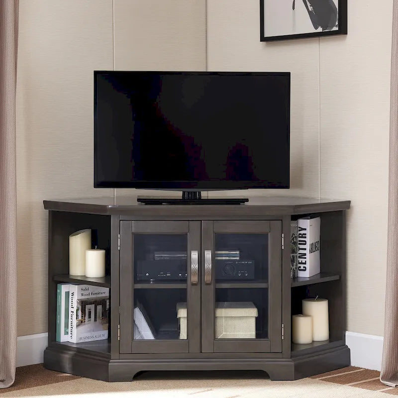 Meuble TV d'angle Leick Home en chêne massif avec deux portes, style mission
