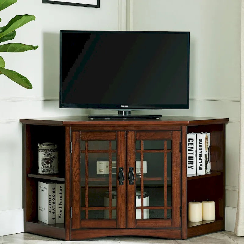 Meuble TV d'angle Leick Home en chêne massif avec deux portes, style mission