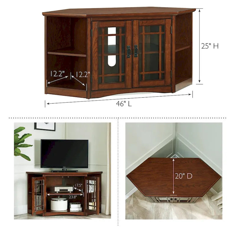 Meuble TV d'angle Leick Home en chêne massif avec deux portes, style mission