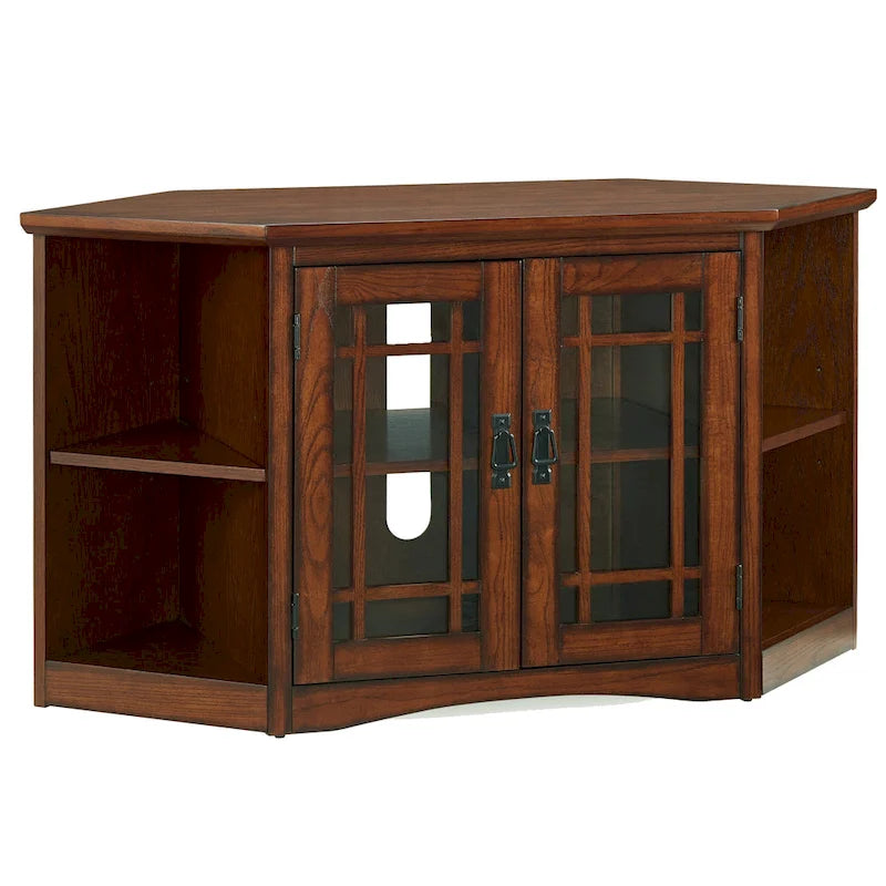 Meuble TV d'angle Leick Home en chêne massif avec deux portes, style mission