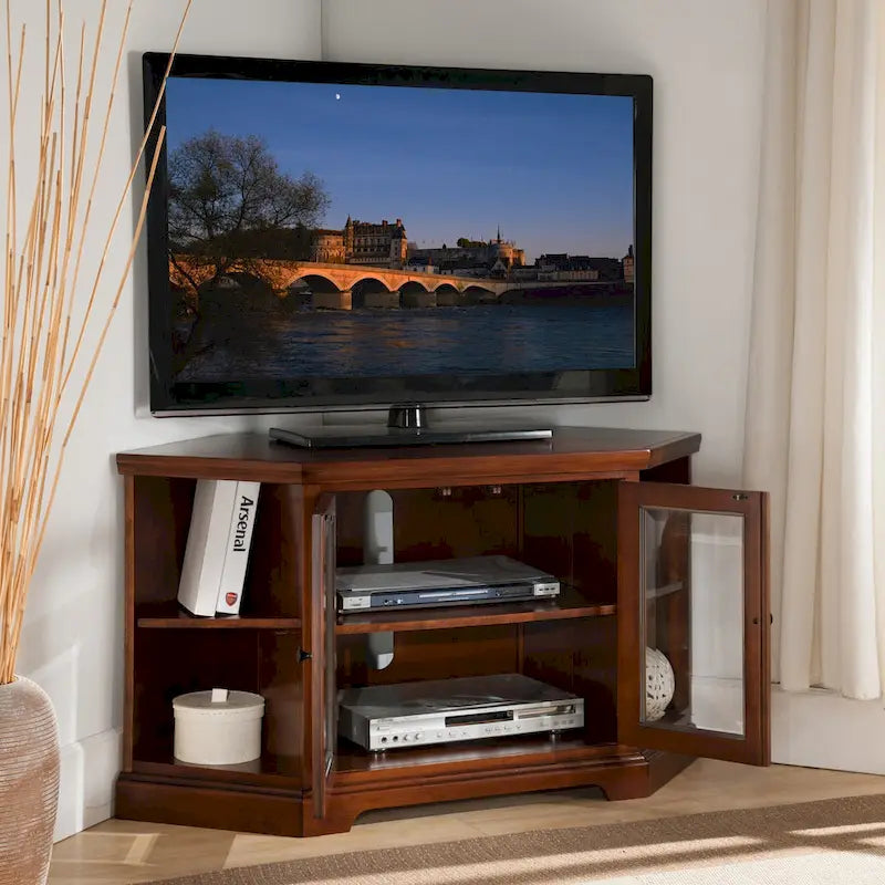 Meuble TV d'angle Leick Home en chêne massif avec deux portes, style mission