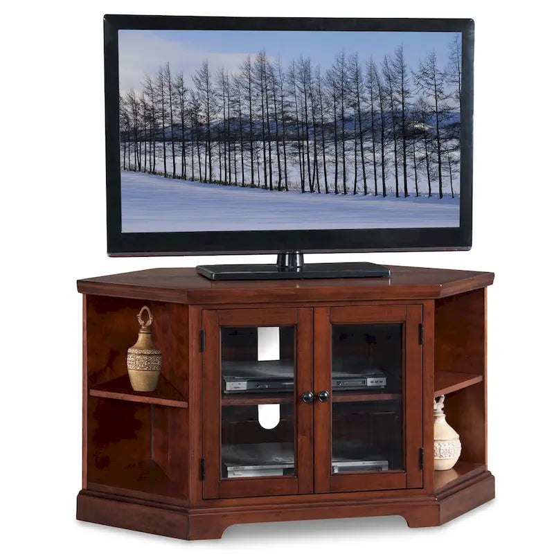 Meuble TV d'angle Leick Home en chêne massif avec deux portes, style mission