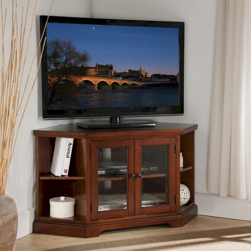 Meuble TV d'angle Leick Home en chêne massif avec deux portes, style mission