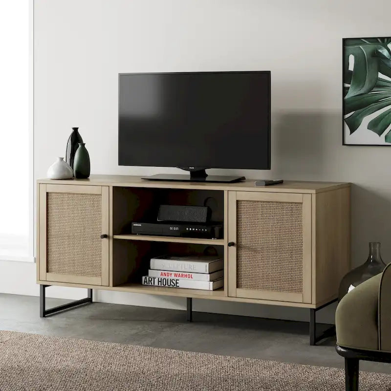 Meuble TV Nathan James Mina moderne avec console média et accents noirs en bois de chêne et portes de rangement