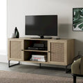 Meuble TV Nathan James Mina moderne avec console média et accents noirs en bois de chêne et portes de rangement