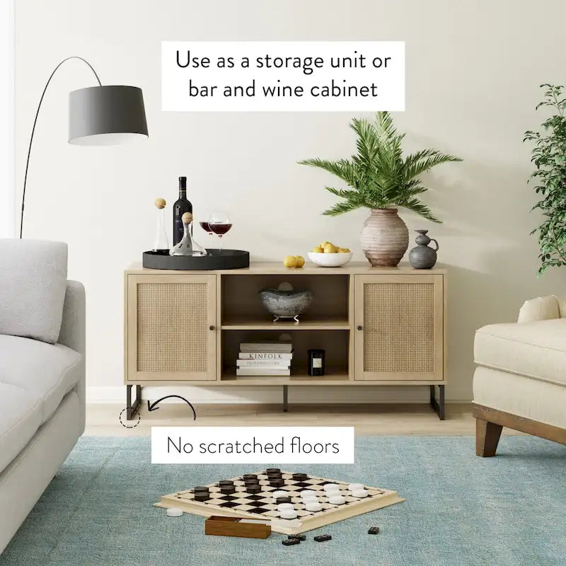 Meuble TV Nathan James Mina moderne avec console média et accents noirs en bois de chêne et portes de rangement