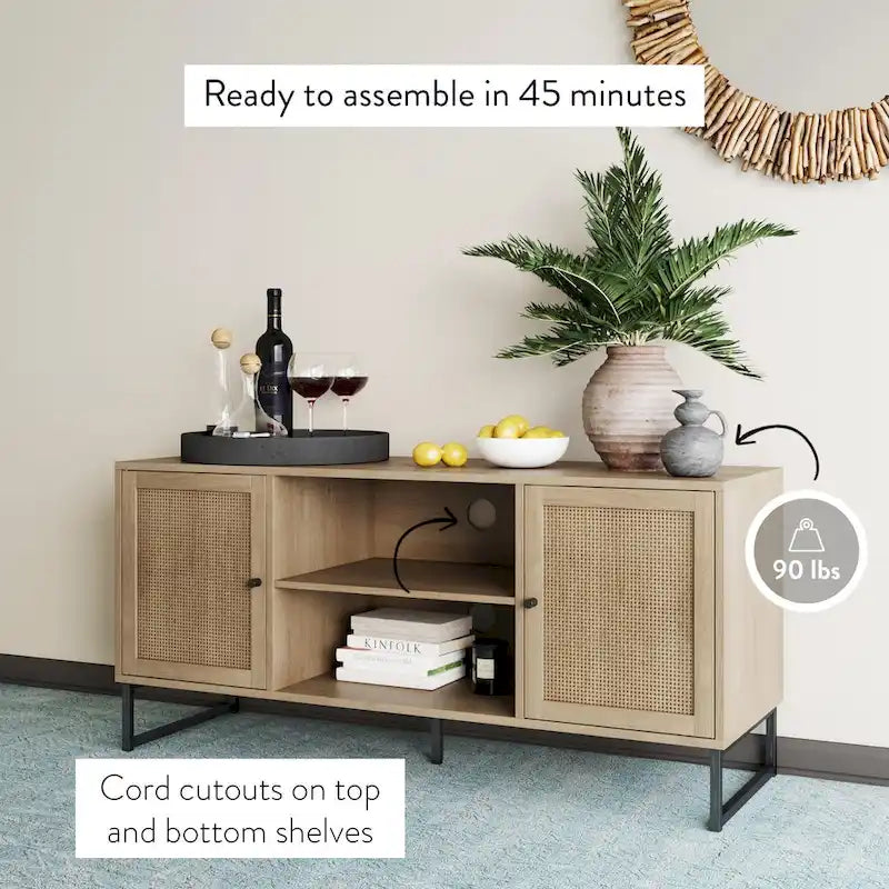 Meuble TV Nathan James Mina moderne avec console média et accents noirs en bois de chêne et portes de rangement
