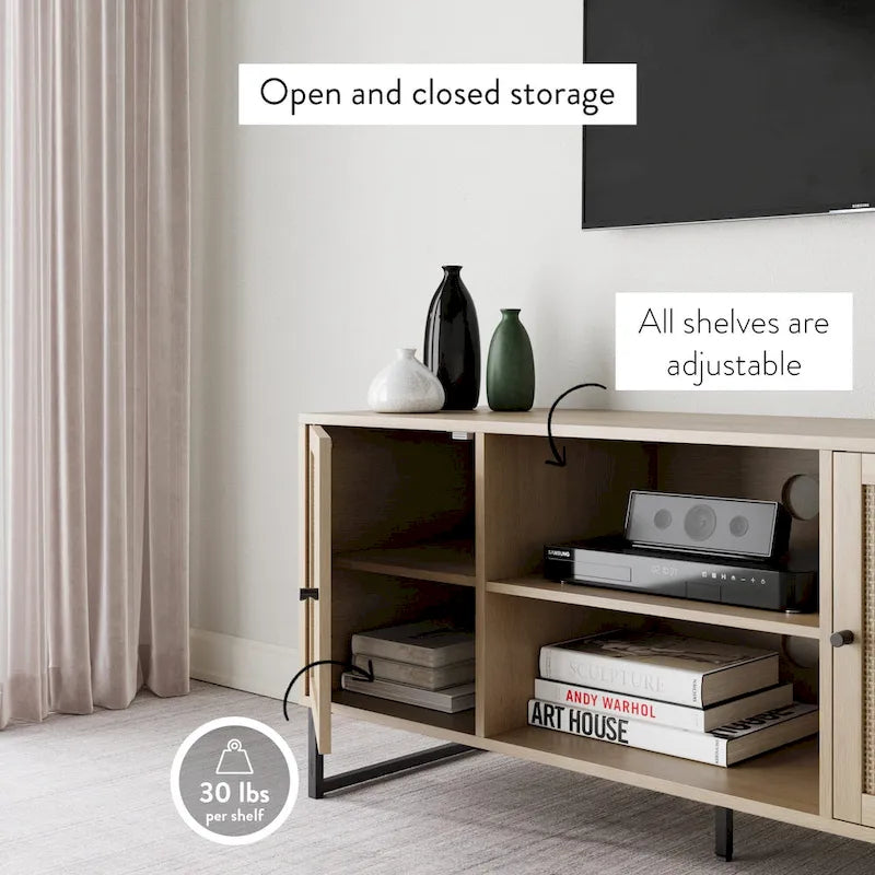 Meuble TV Nathan James Mina moderne avec console média et accents noirs en bois de chêne et portes de rangement