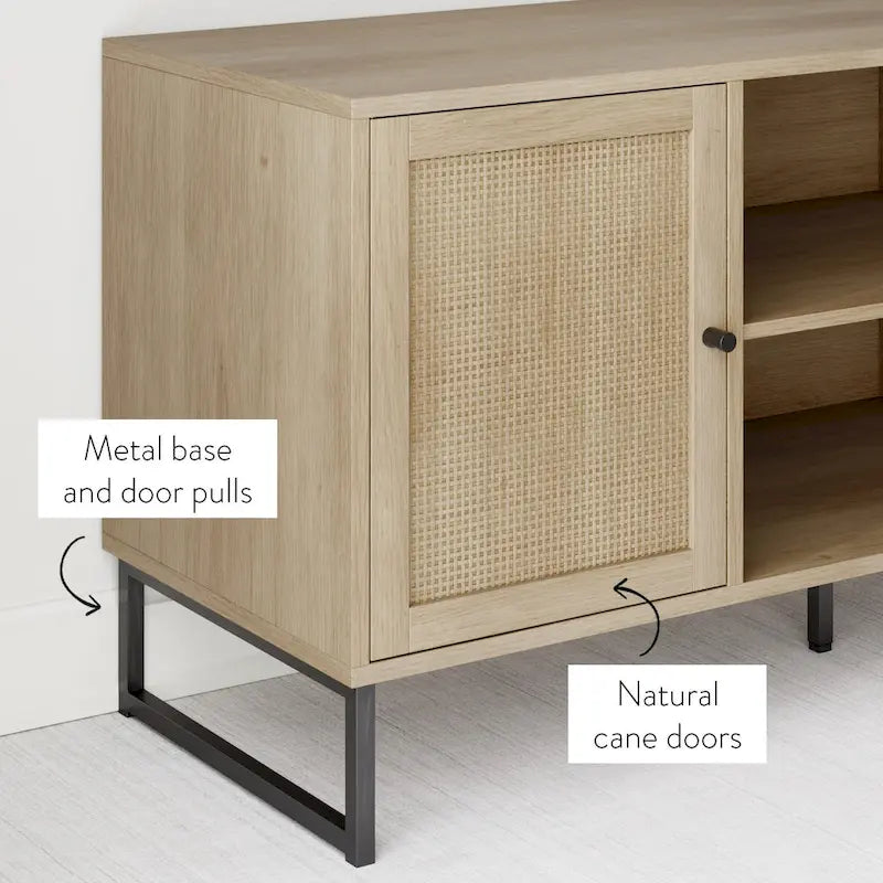 Meuble TV Nathan James Mina moderne avec console média et accents noirs en bois de chêne et portes de rangement