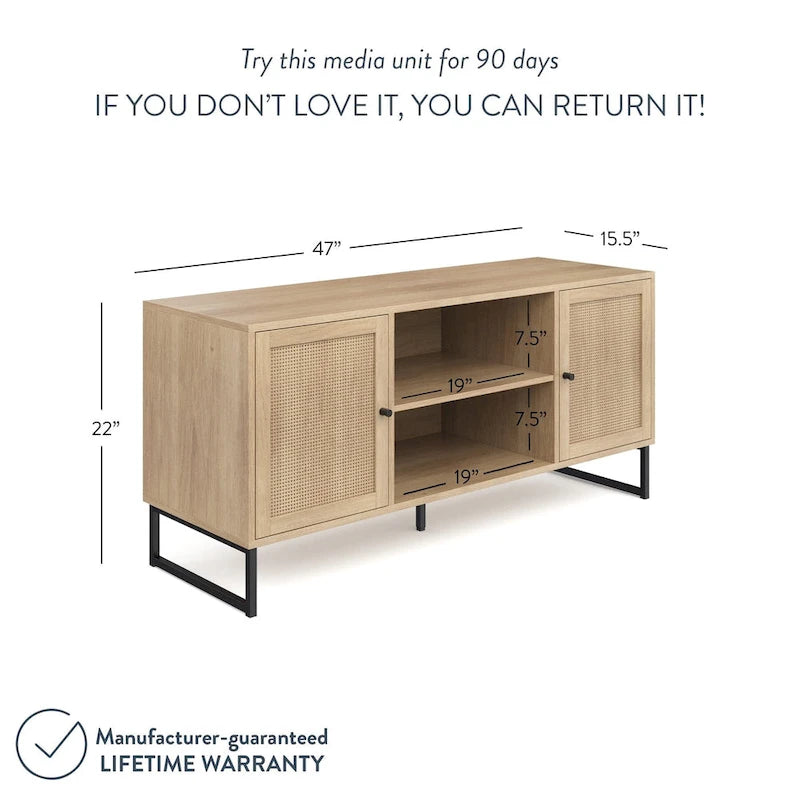 Meuble TV Nathan James Mina moderne avec console média et accents noirs en bois de chêne et portes de rangement