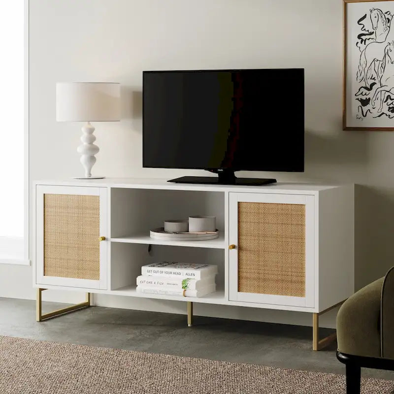 Meuble TV Nathan James Mina moderne avec console média et accents noirs en bois de chêne et portes de rangement