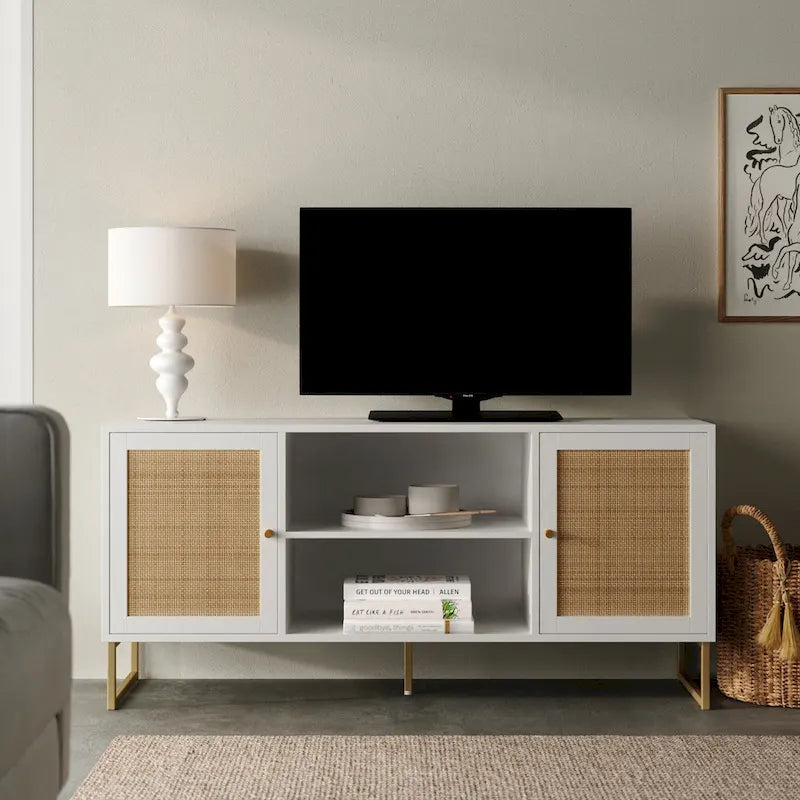 Meuble TV Nathan James Mina moderne avec console média et accents noirs en bois de chêne et portes de rangement