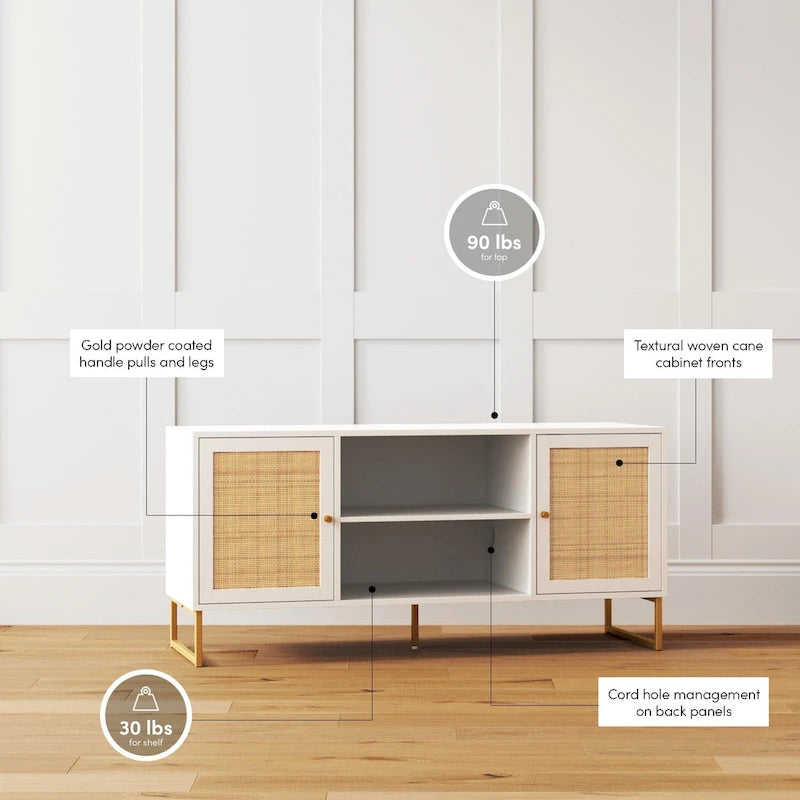 Meuble TV Nathan James Mina moderne avec console média et accents noirs en bois de chêne et portes de rangement