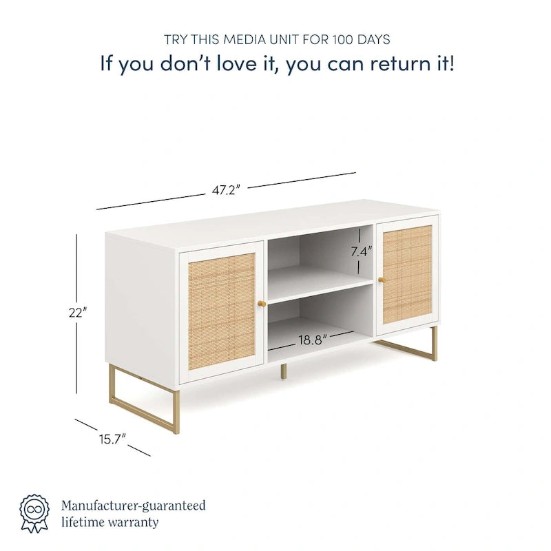 Meuble TV Nathan James Mina moderne avec console média et accents noirs en bois de chêne et portes de rangement