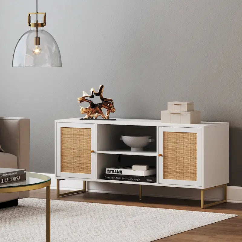 Meuble TV Nathan James Mina moderne avec console média et accents noirs en bois de chêne et portes de rangement