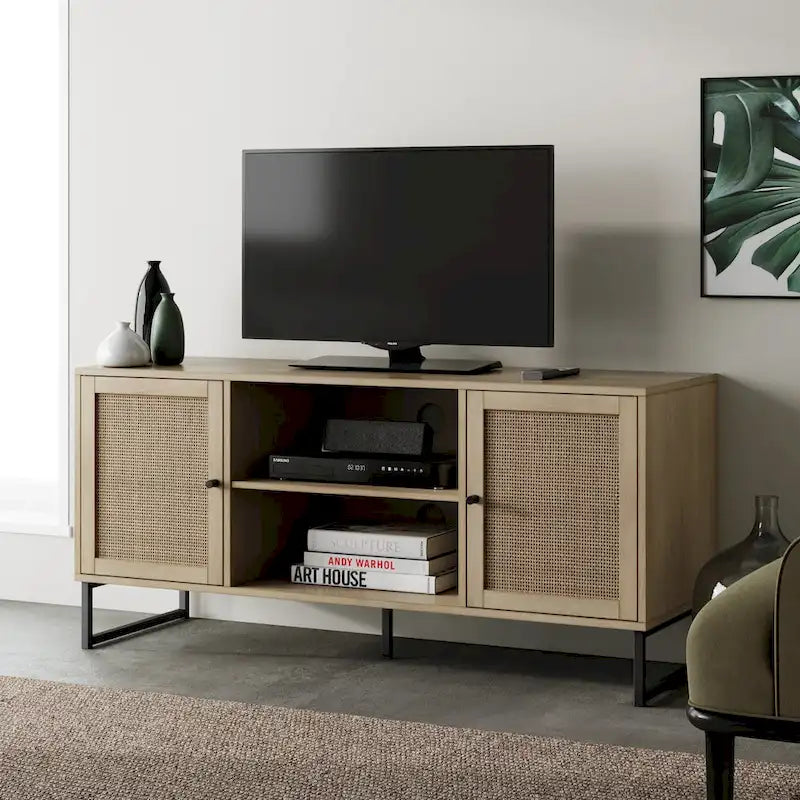 Meuble TV Nathan James Mina moderne avec console média et accents noirs en bois de chêne et portes de rangement