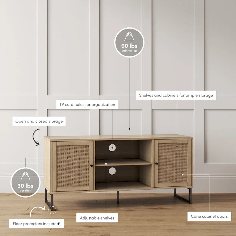 Meuble TV Nathan James Mina moderne avec console média et accents noirs en bois de chêne et portes de rangement