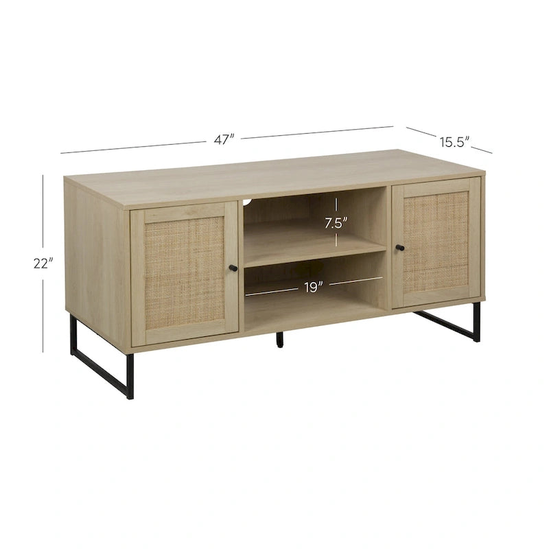 Meuble TV Nathan James Mina moderne avec console média et accents noirs en bois de chêne et portes de rangement