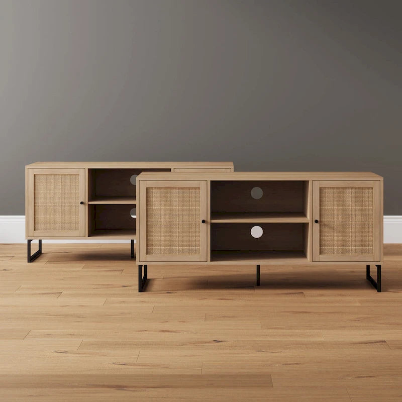 Meuble TV Nathan James Mina moderne avec console média et accents noirs en bois de chêne et portes de rangement