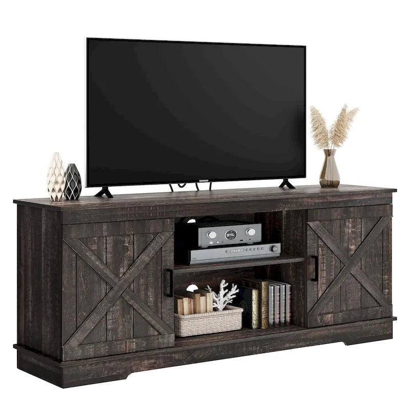 Meuble TV de ferme pour téléviseur de 65 pouces, meuble console média, portes de grange rustiques