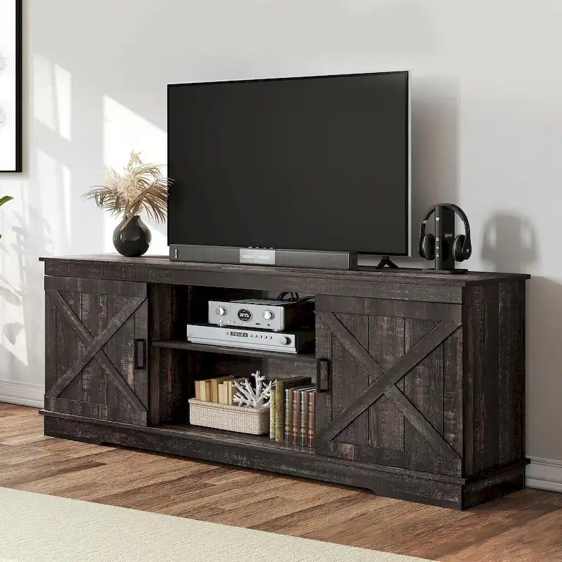 Meuble TV de ferme pour téléviseur de 65 pouces, meuble console média, portes de grange rustiques