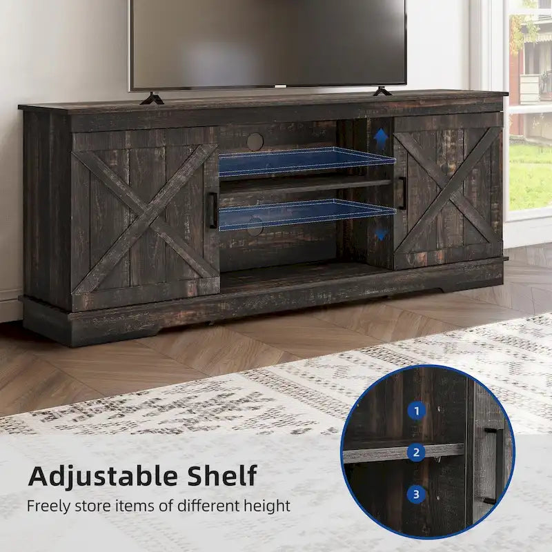Meuble TV de ferme pour téléviseur de 65 pouces, meuble console média, portes de grange rustiques