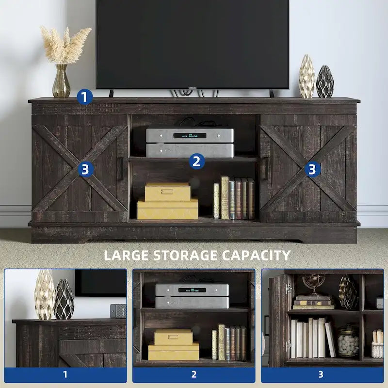 Meuble TV de ferme pour téléviseur de 65 pouces, meuble console média, portes de grange rustiques