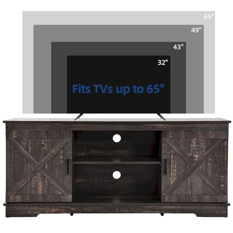 Meuble TV de ferme pour téléviseur de 65 pouces, meuble console média, portes de grange rustiques