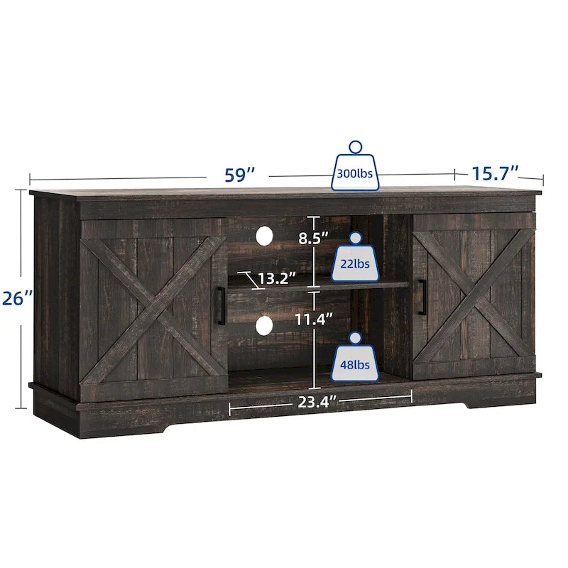Meuble TV de ferme pour téléviseur de 65 pouces, meuble console média, portes de grange rustiques