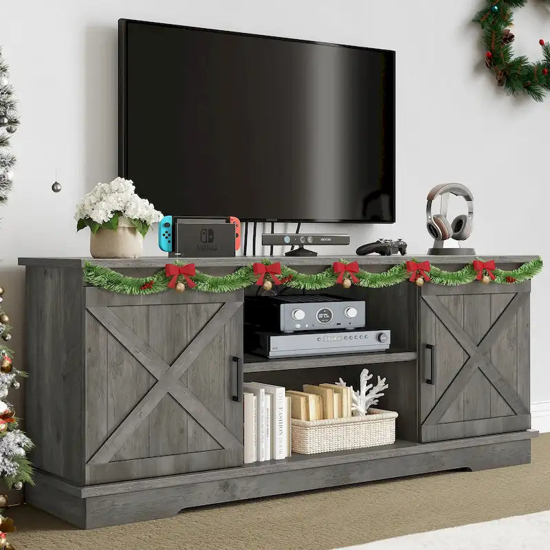 Meuble TV de ferme pour téléviseur de 65 pouces, meuble console média, portes de grange rustiques