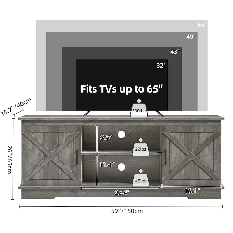 Meuble TV de ferme pour téléviseur de 65 pouces, meuble console média, portes de grange rustiques
