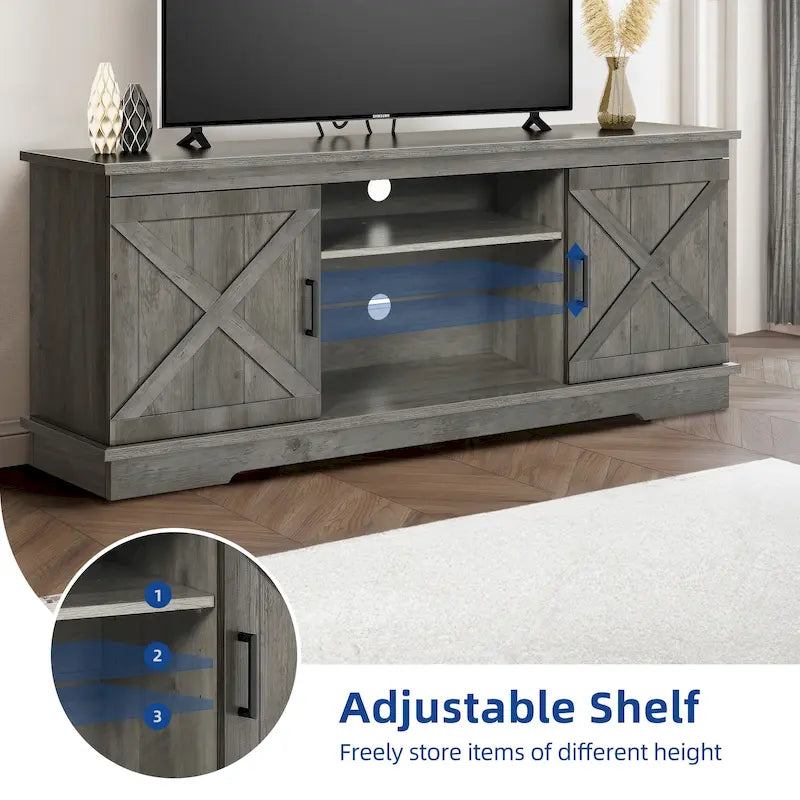 Meuble TV de ferme pour téléviseur de 65 pouces, meuble console média, portes de grange rustiques