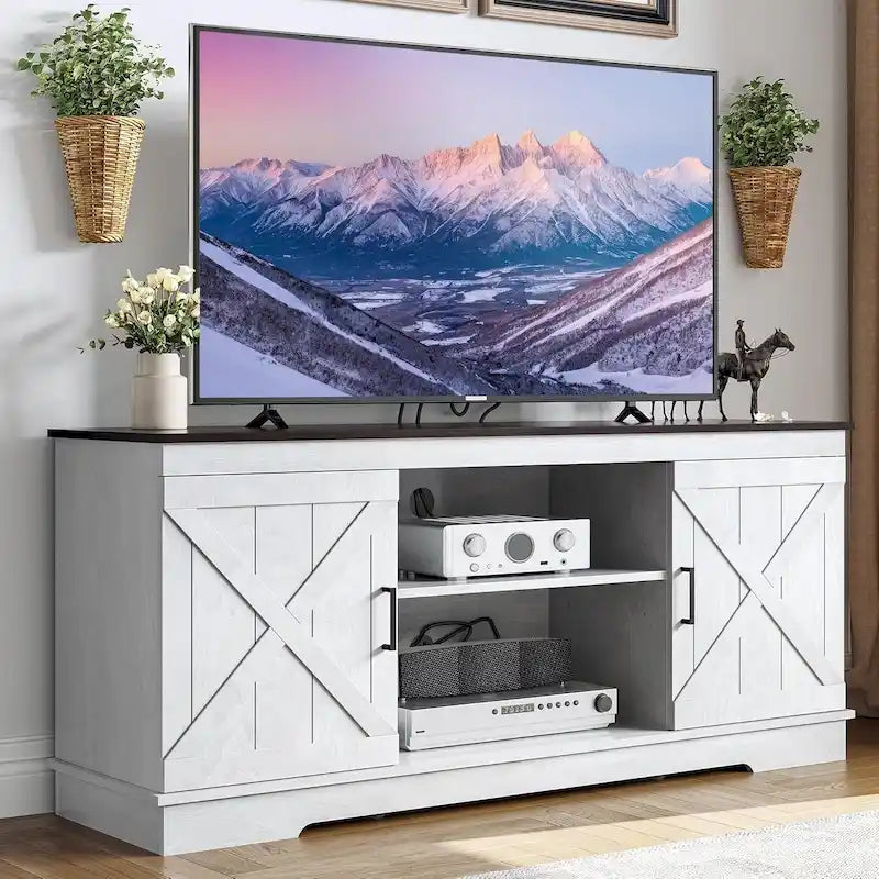Meuble TV de ferme pour téléviseur de 65 pouces, meuble console média, portes de grange rustiques
