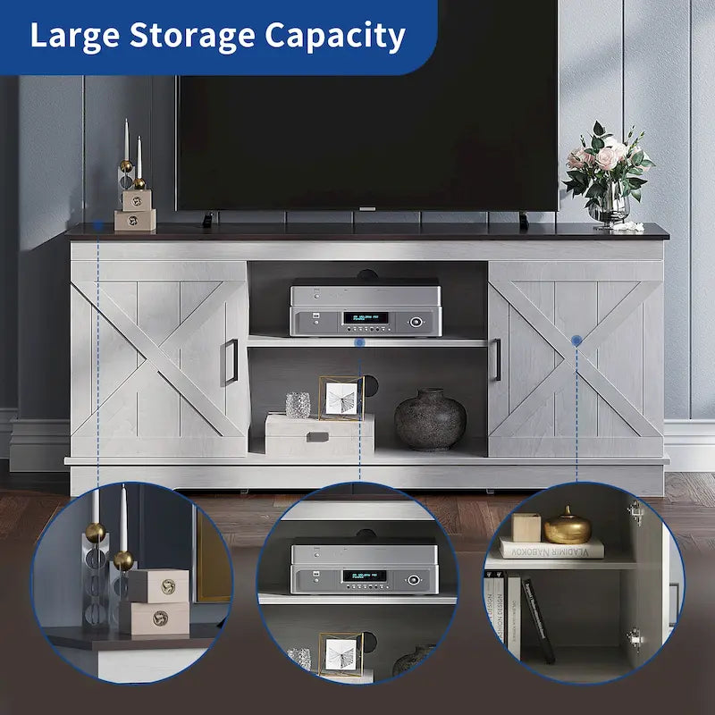 Meuble TV de ferme pour téléviseur de 65 pouces, meuble console média, portes de grange rustiques