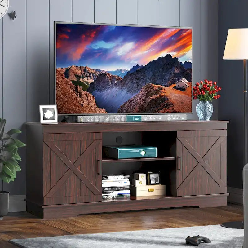 Meuble TV de ferme pour téléviseur de 65 pouces, meuble console média, portes de grange rustiques