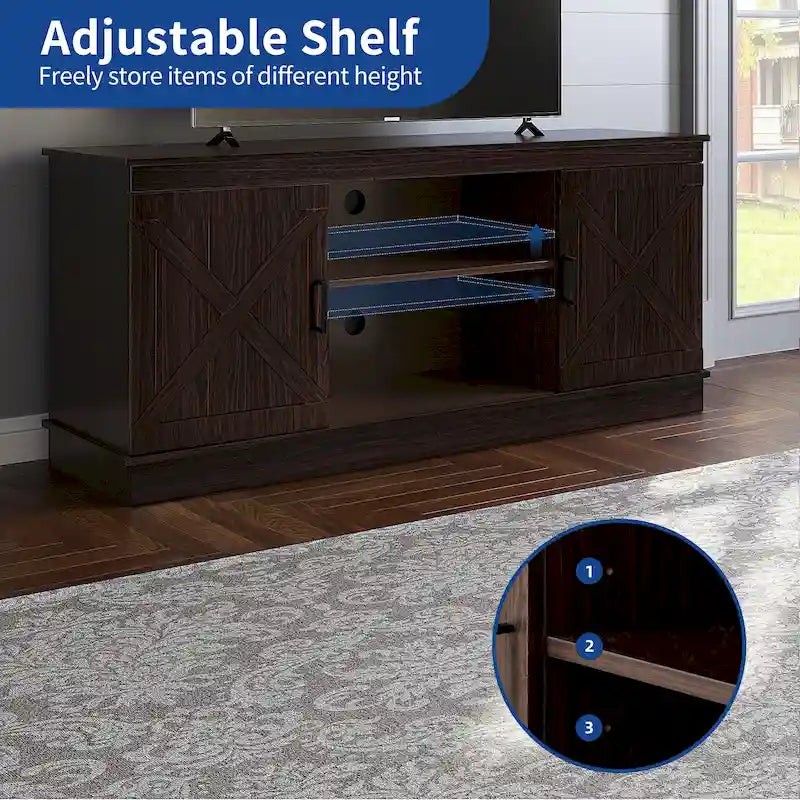 Meuble TV de ferme pour téléviseur de 65 pouces, meuble console média, portes de grange rustiques